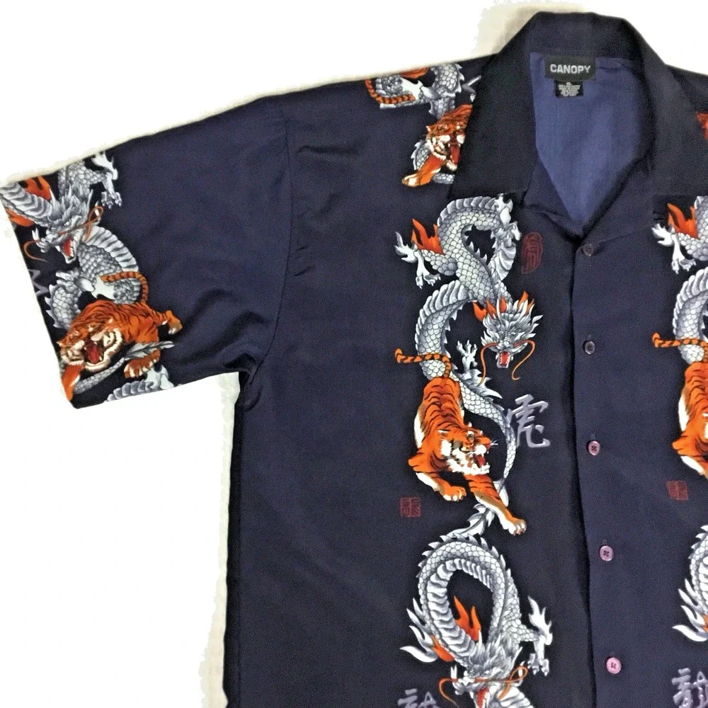 Canopy Mens XL Navy Blue Dragon Tiger Graphic Button Up Short Sleeve Camp Shirt‎